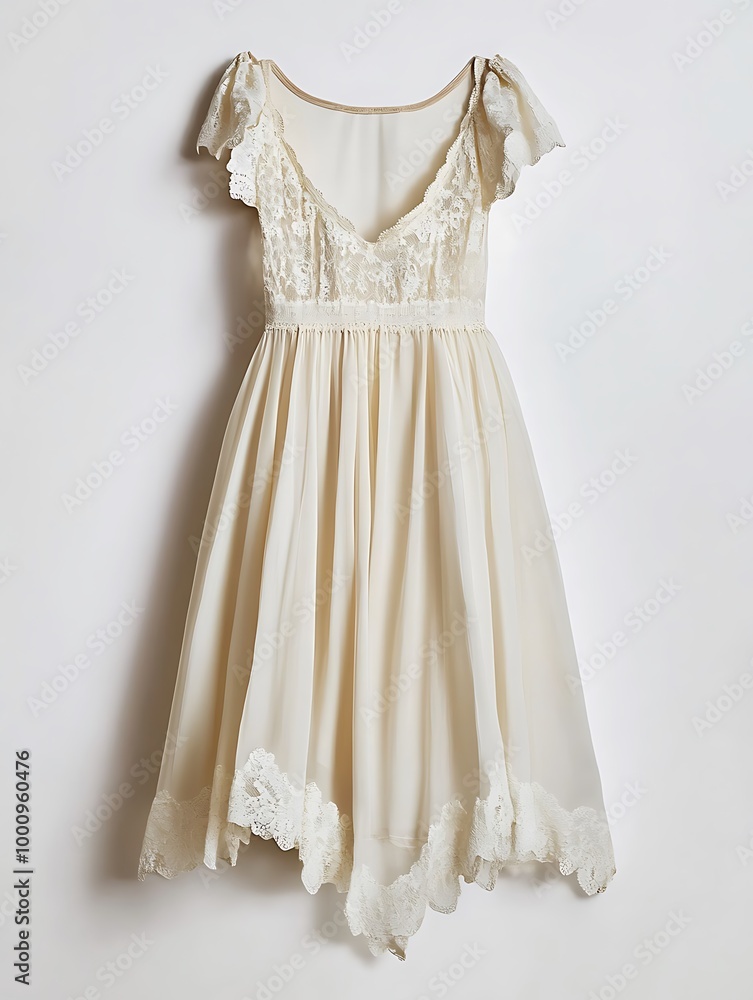 Elegant White Lace Dress Hanging on a White Wall. Elegant White Lace Dress Hanging on a White Wall.
