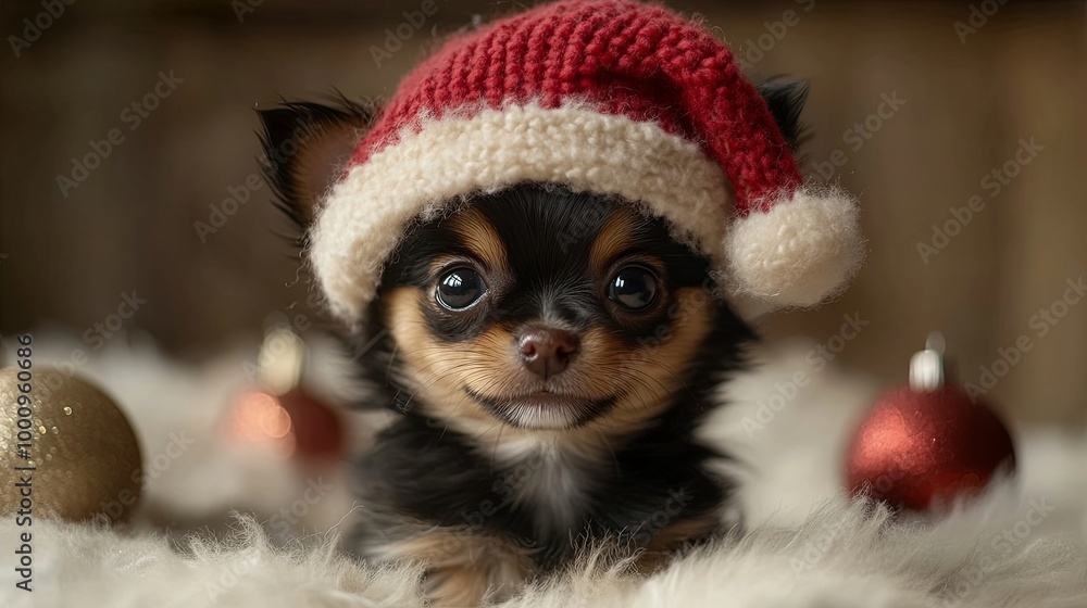 A small, black and tan chihuahua puppy wearing a festive red knit Santa hat and looking up at the camera with big, curious eyes, surrounded by soft white fur and red and gold Christmas ornaments. A small, black and tan chihuahua puppy wearing a festive red knit Santa hat and looking up at the camera with big, curious eyes, surrounded by soft white fur and red and gold Christmas ornaments.