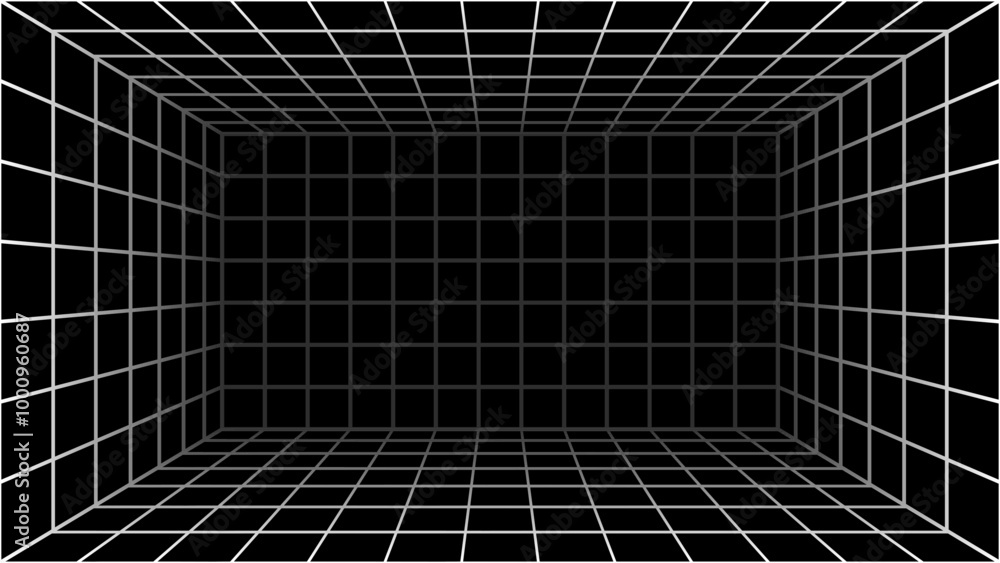 Naklejka premium Abstract wireframe with white grid line on black background.Futuristic perspective grid box.