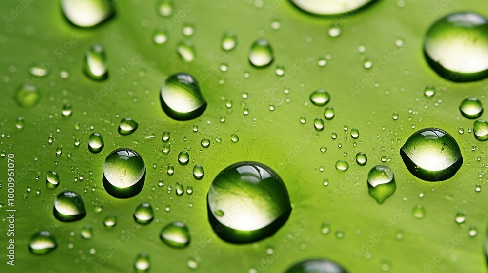 Crystal Clear Water Droplets on Vibrant Green Surface Crystal Clear Water Droplets on Vibrant Green Surface