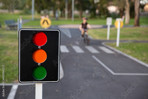 bike path with road markings and traffic lights in a public park