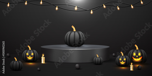 3D realistic podium design for Happy Halloween. Abstract scene Halloween promotion product sell podium background design black gradient color. Halloween cosmetic product showcase design. 