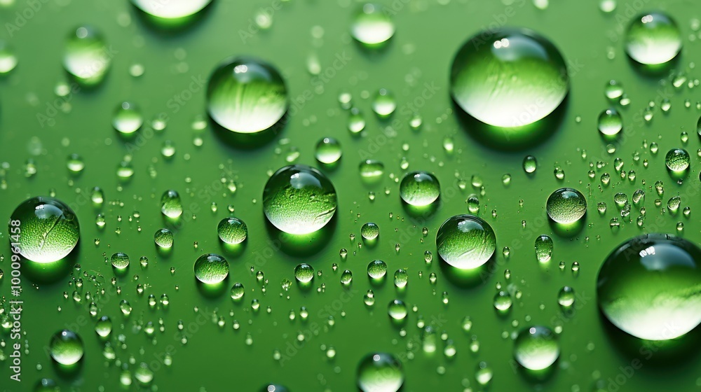 Crystal Clear Water Droplets on Vibrant Green Surface Crystal Clear Water Droplets on Vibrant Green Surface