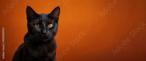 Portrait of a black cat with yellow eyes on orange background. Studio photo. Copy space. Halloween, Black Friday illustration. Header for web or printing
