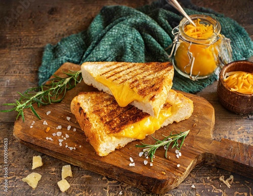 Grilled cheese sandwich with melted cheddar cheese, presented on a rustic wooden board, overhead view composition, professional food photography. photo