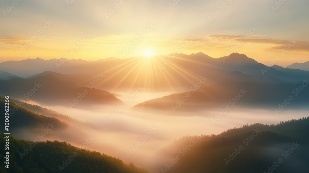 Fototapeta premium A breathtaking sunrise illuminates mist-covered valleys and mountain peaks, creating a serene and ethereal landscape bathed in golden light.
