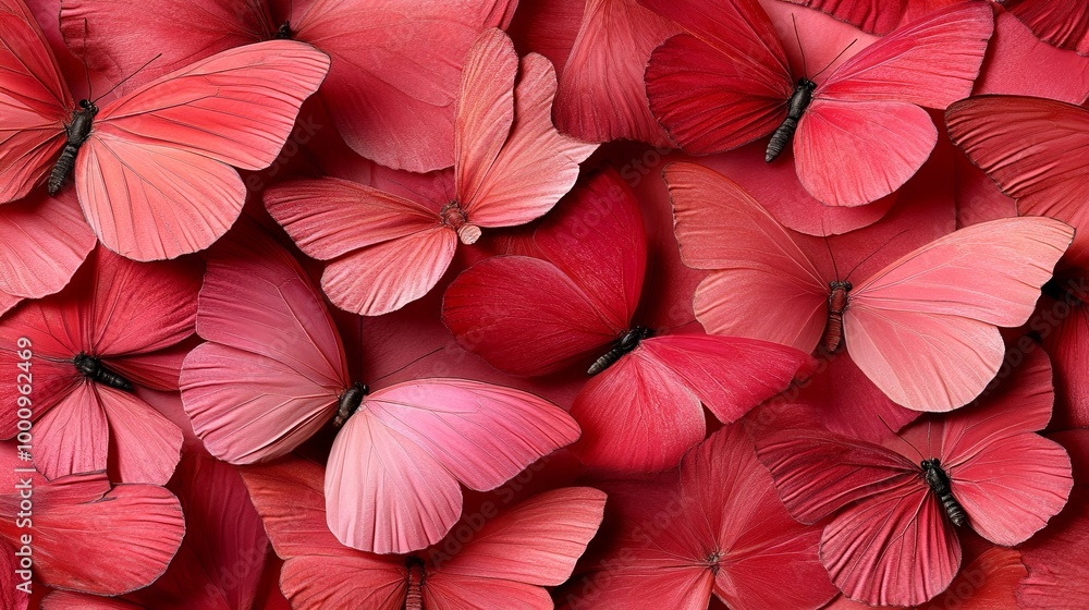 A close-up of vibrant pink and red butterflies with delicate wings, layered in a mesmerizing pattern, showcasing the beauty of nature's intricate design. A close-up of vibrant pink and red butterflies with delicate wings, layered in a mesmerizing pattern, showcasing the beauty of nature's intricate design.
