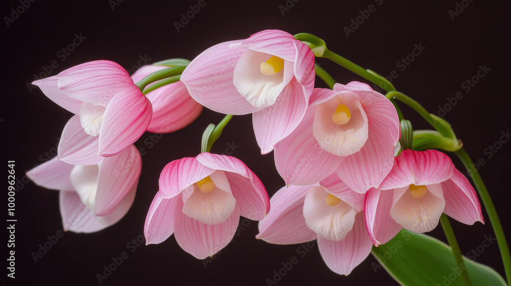 Fototapeta premium Delicate cluster of pink and white orchid flowers in full bloom against a dark background, showcasing their intricate beauty and elegant petals.