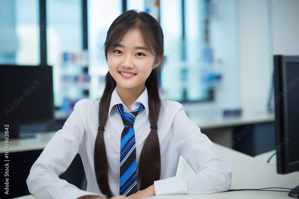 Young pretty Chinese girl business uniform
