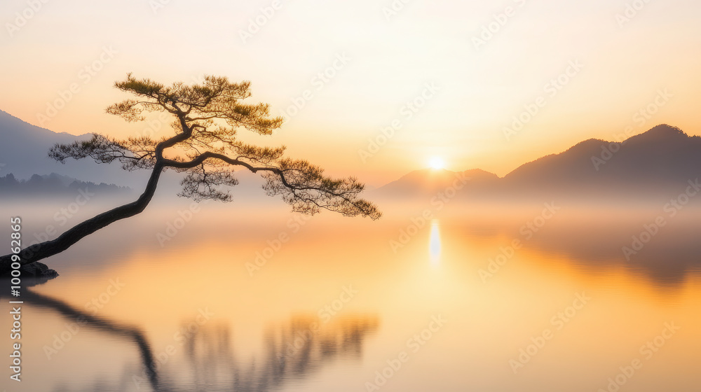 A lone tree gracefully leans over a tranquil, mist-covered lake as the golden sunrise illuminates the serene mountain landscape in the background.