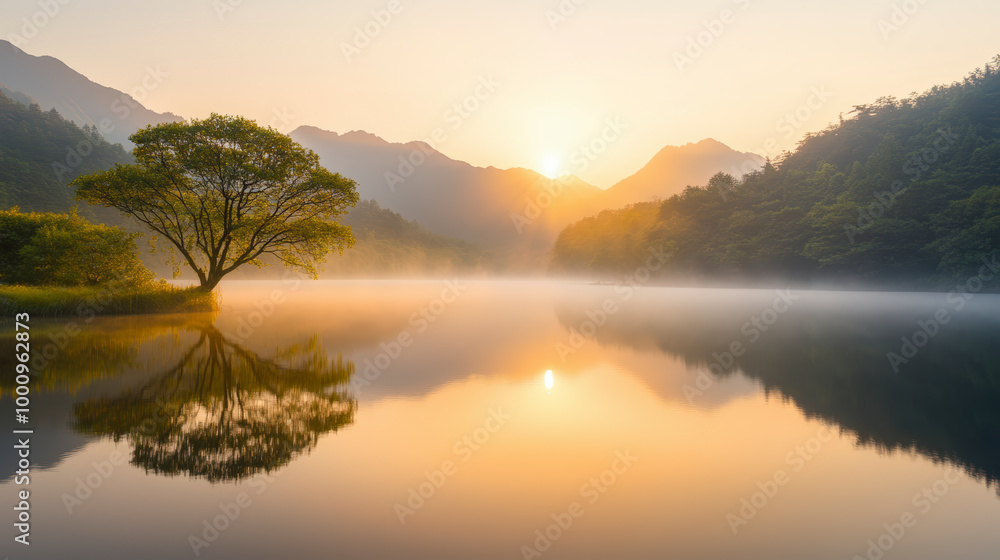 Fototapeta premium A serene sunrise over a misty lake surrounded by mountains and forest, with a lone tree perfectly reflected in the calm water.