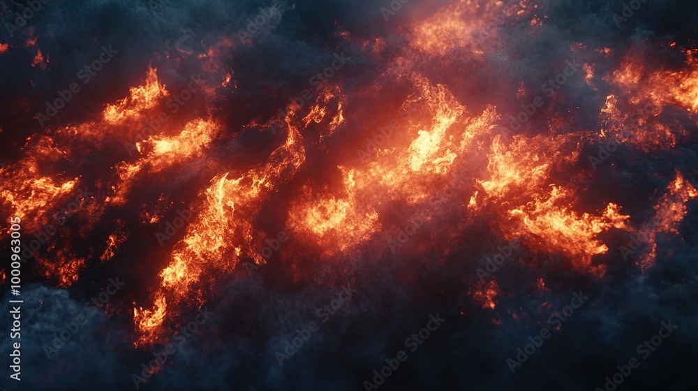 Fiery Flames Against Dark Smoky Background Fiery Flames Against Dark Smoky Background