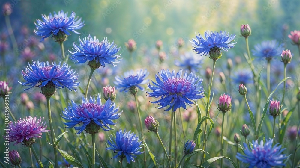 Fototapeta premium A vibrant illustration of a field of cornflowers in full bloom, with stems and buds