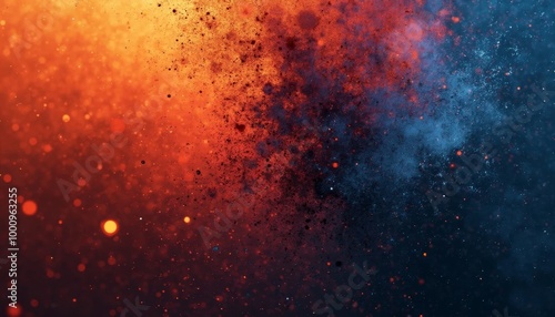 Abstract explosion of orange and blue particles with a gradient blend. Artistic cosmic background