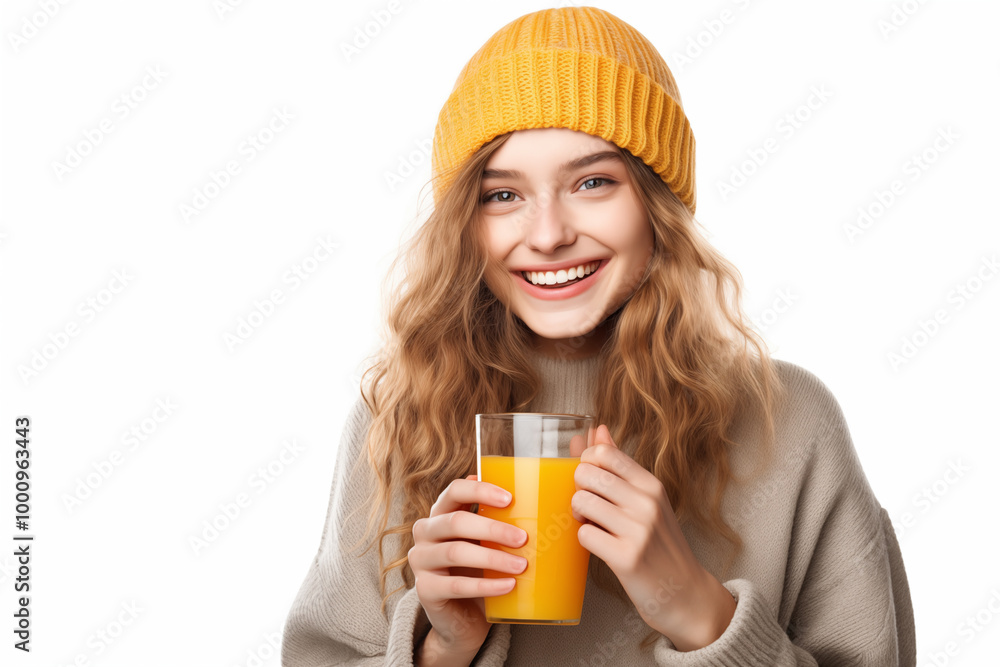 Young pretty blonde girl over isolated white background holding an orange juice Young pretty blonde girl over isolated white background holding an orange juice