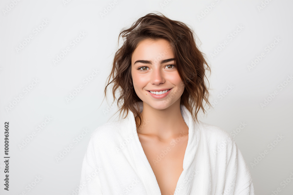 Young pretty brunette girl over isolated white background in a bathrobe Young pretty brunette girl over isolated white background in a bathrobe