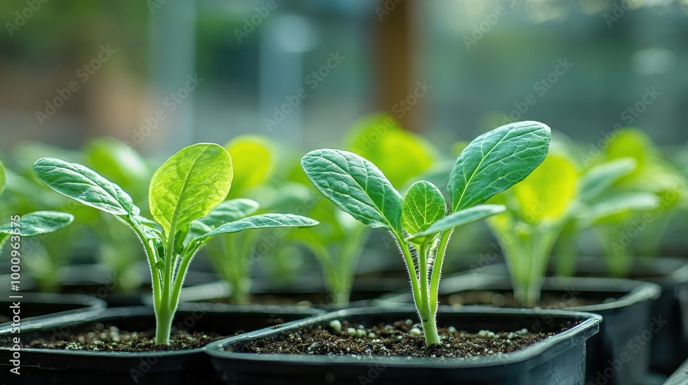 A row of small plants are in black pots A row of small plants are in black pots