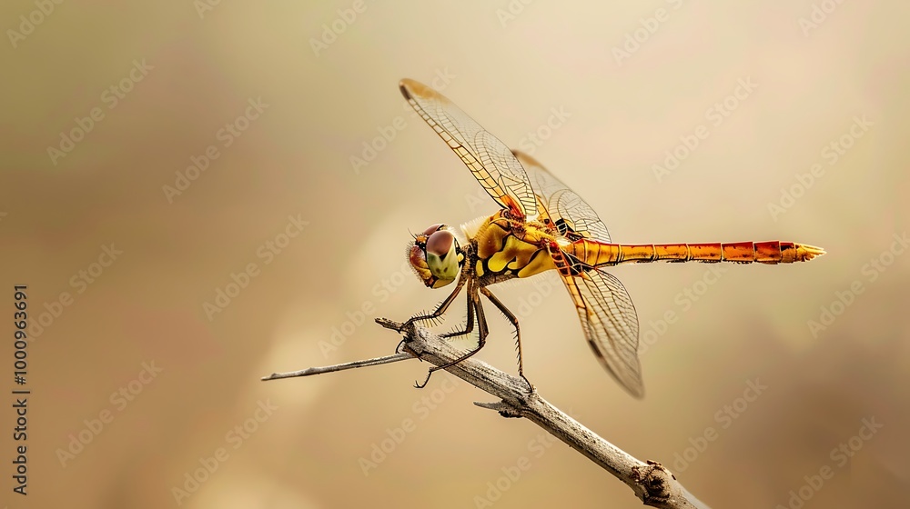 A flying dragonfly sits neatly upon a thin limb in its native environment A flying dragonfly sits neatly upon a thin limb in its native environment