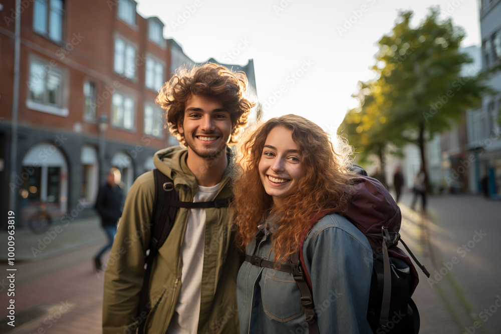 Fototapeta premium Young couple at outdoors with a student backpack