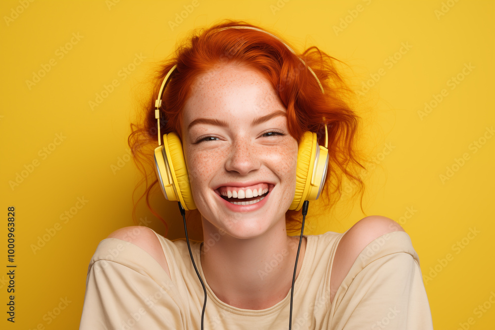 © luismolinero - Young pretty Redhead girl over colorful background listening music with headphones © luismolinero - Young pretty Redhead girl over colorful background listening music with headphones