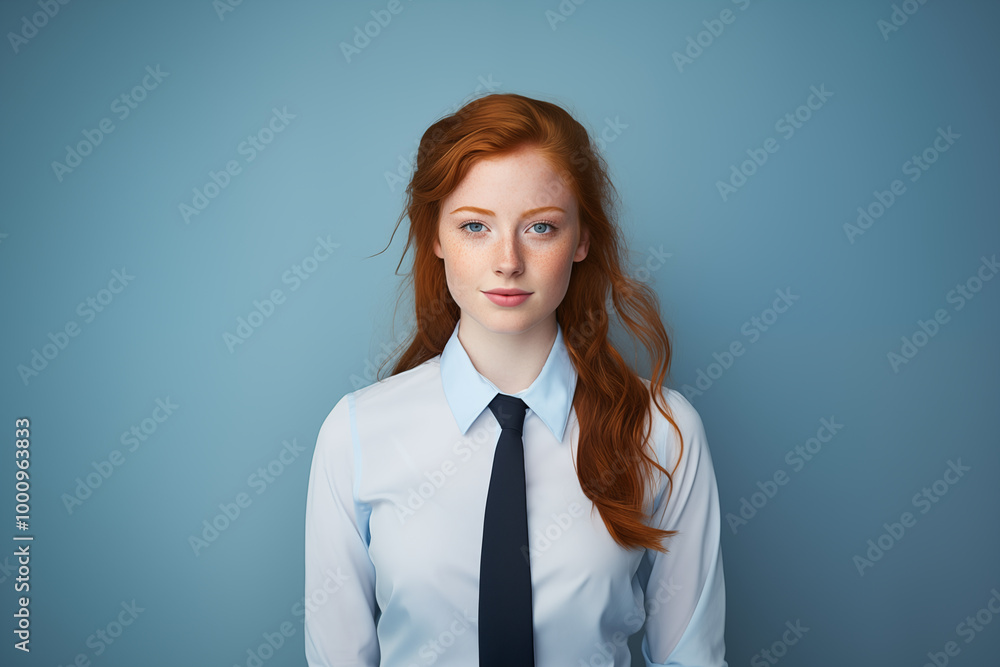 Young pretty Redhead girl over colorful background in business uniform Young pretty Redhead girl over colorful background in business uniform