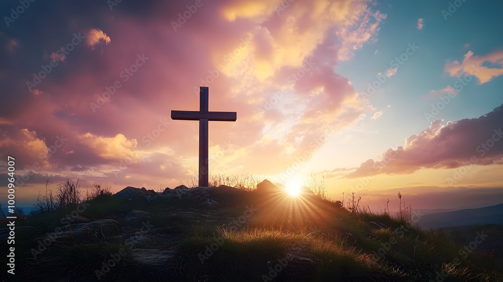 A wooden cross standing tall on a hill at sunrise, symbolizing hope and faith against the backdrop of a glowing sky. A wooden cross standing tall on a hill at sunrise, symbolizing hope and faith against the backdrop of a glowing sky.