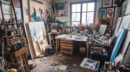 A messy art studio with many paintings and art supplies