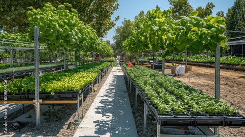 A row of plants are growing in a greenhouse