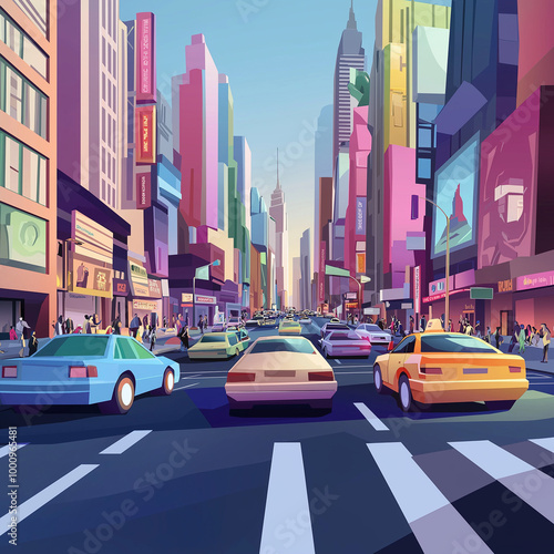 A 3D vector-style cartoon scene of a busy street