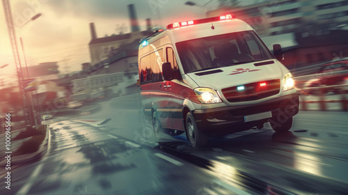 A red and white ambulance is speeding down a road