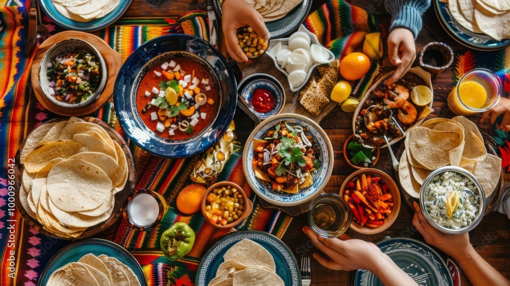 A table full of Mexican food with people eating it A table full of Mexican food with people eating it