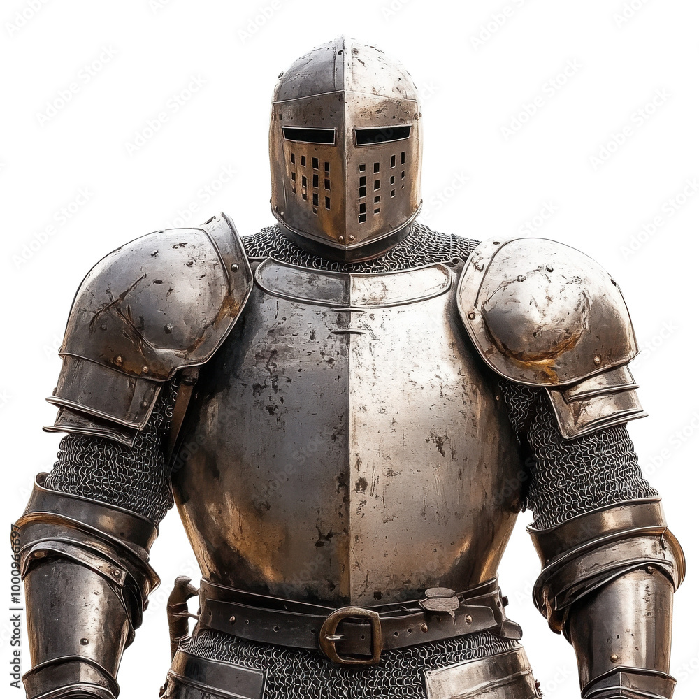 Medieval knight in shining armor, isolated on a white background.