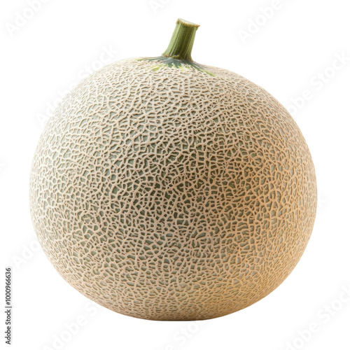 Fresh cantaloupe with textured rind, isolated on white background.