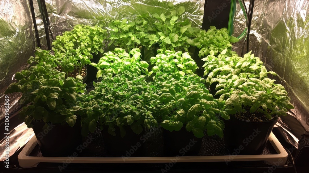 A row of plants are growing in a greenhouse A row of plants are growing in a greenhouse