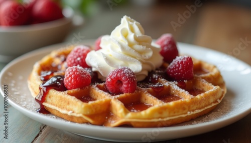 A plate of golden waffles topped with whipped cream and fresh raspberries, creating a delightful and indulgent breakfast or dessert.