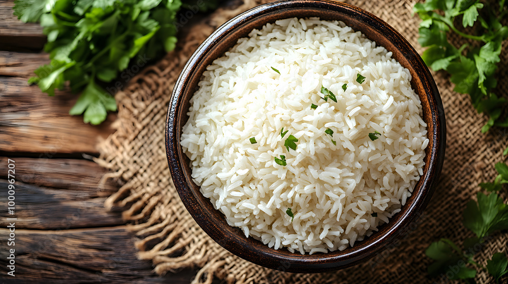 Bowl of White Rice on a Wooden Background, Top View
Bowl of White Rice on a Wooden Background, Top View
