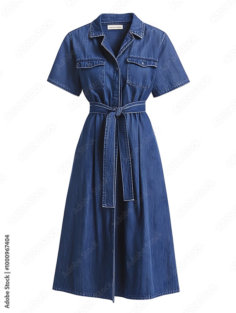 Blue Denim Dress with Belt, Short Sleeves, and Pockets. This dress is a classic and stylish choice for any occasion. Blue Denim Dress with Belt, Short Sleeves, and Pockets. This dress is a classic and stylish choice for any occasion.