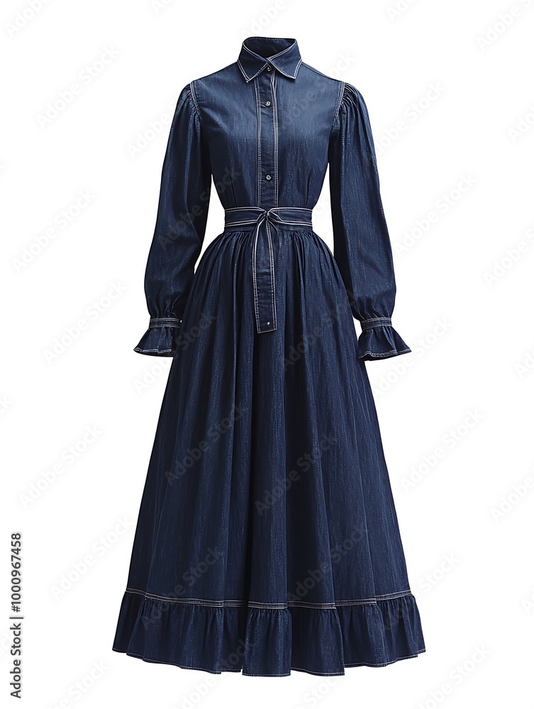 Denim Dress with Ruffles and White Stitching. Denim Dress with Ruffles and White Stitching.