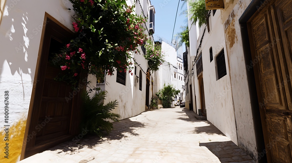 Naklejka premium Narrow Whitewashed Alleyway with Wooden Door and Pink Flowers in Morocco