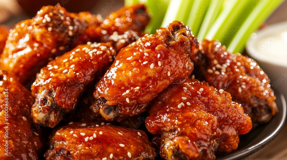 Tempting Crispy Fried Chicken Wings with Spicy Glaze and Sesame Seeds, Served with Fresh Celery Sticks - Appetizing Food Advertisement Poster Tempting Crispy Fried Chicken Wings with Spicy Glaze and Sesame Seeds, Served with Fresh Celery Sticks - Appetizing Food Advertisement Poster