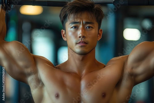 an asian male fitness trainer confidently demonstrates various exercises in a vibrant gym setting embodying an active lifestyle and motivational spirit in a healthoriented environment photo