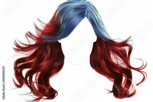 Vibrant flowing hair colors blend beautifully in an artistic display of blue and red hues, showcasing stylistic flair and creativity