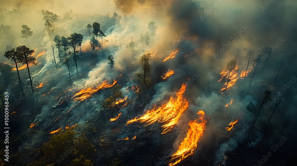 Drone, fire and smoke with forest in nature for deforestation, climate change and ecology. Ai generated, plants and timber with landscape of woods flame for earth, disaster and wildfire pollution Drone, fire and smoke with forest in nature for deforestation, climate change and ecology. Ai generated, plants and timber with landscape of woods flame for earth, disaster and wildfire pollution