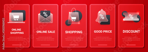 Glass morphism online sale vertical mobile pages on red background. Vector shopping discount template set