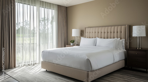 A serene bedroom with kingsized bed white duvet pillows nightstands with lamps and large window with sheer curtains photo