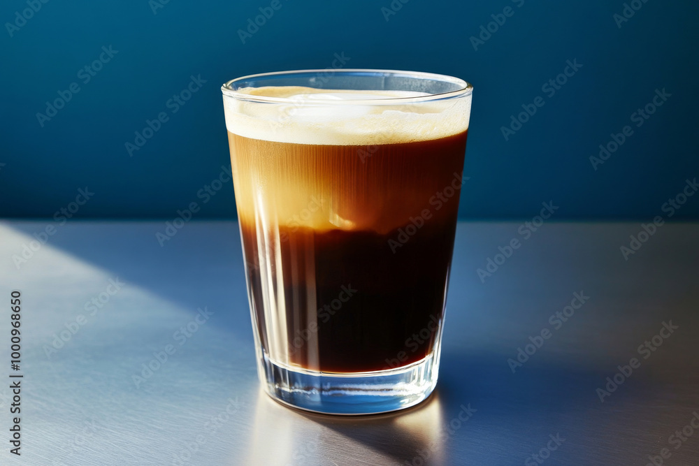 A refreshing glass of layered cold brew coffee displayed on a bright countertop in a cozy cafe setting during a sunny afternoon A refreshing glass of layered cold brew coffee displayed on a bright countertop in a cozy cafe setting during a sunny afternoon