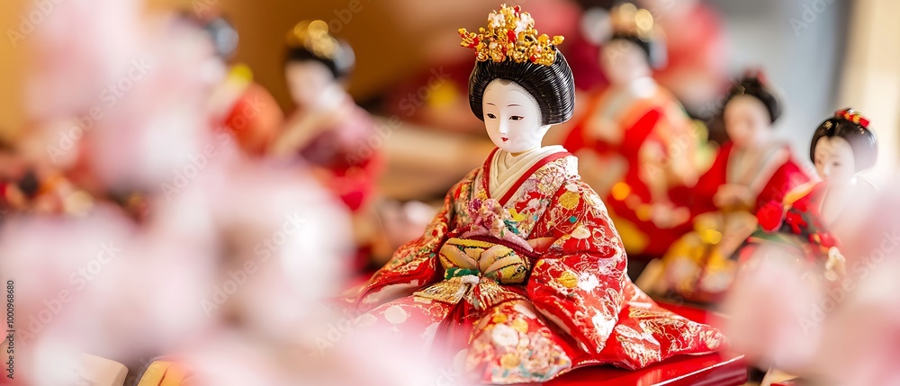 Traditional Japanese doll in colorful kimono on display Traditional Japanese doll in colorful kimono on display