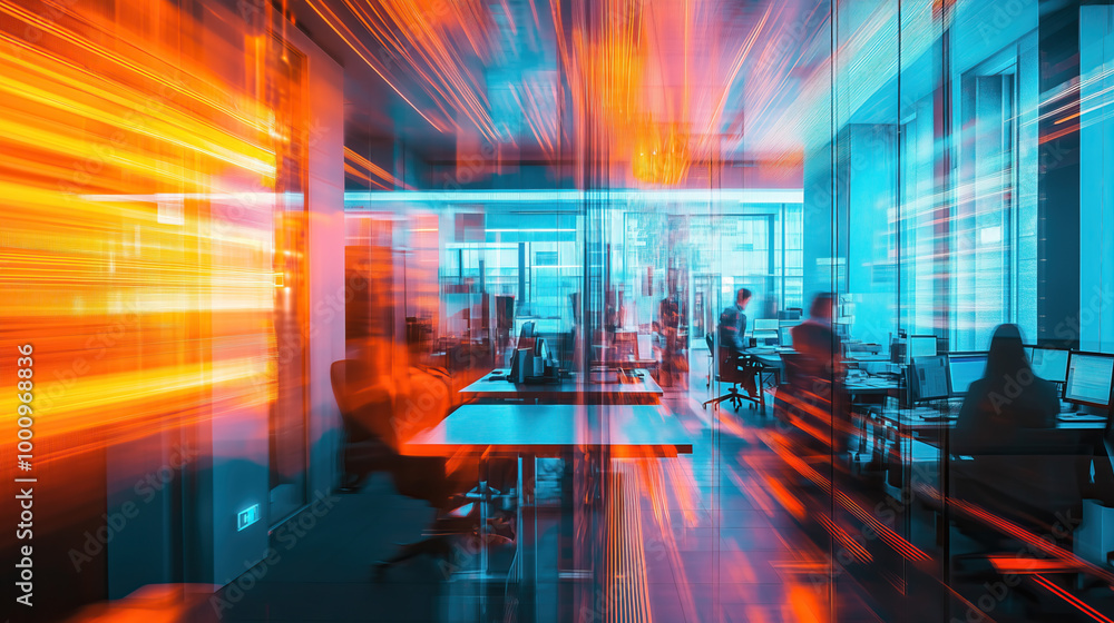 long exposure with motion blur light trail of modern neon open space office room long exposure with motion blur light trail of modern neon open space office room