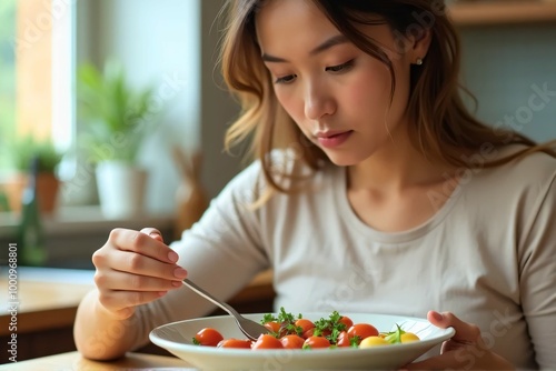 Dieting woman's breakfast Intermittent fasting meal Woman looking at tomatoes waiting for food during intermittent fasting session