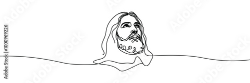 Vector linear image on white background, one line. Portrait of Jesus Christ 